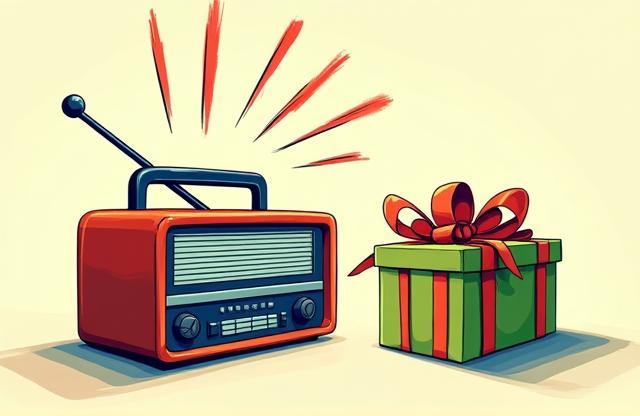Ilustração mostrando um rádio e uma caixa de prêmio